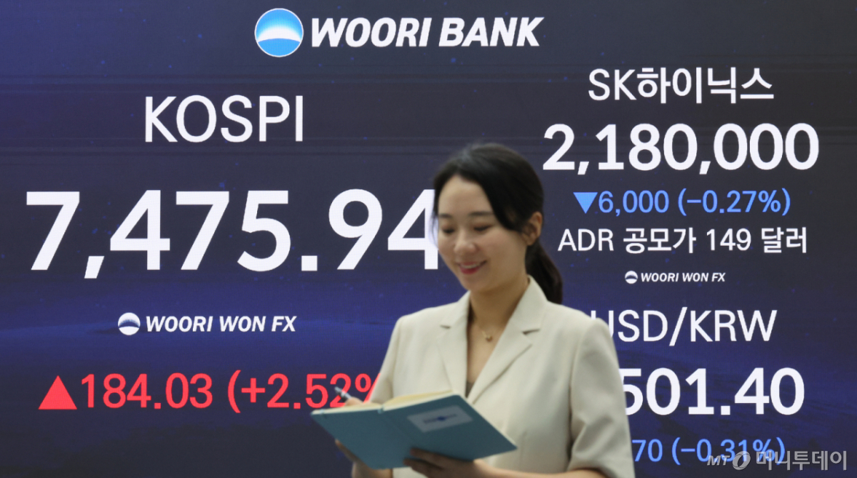 SK하이닉스가 ADR 공모가격을 주당 149달러로 확정 공시한 10일 오후 서울 중구 우리은행 본점 딜링룸 전광판에 SK하이닉스와 코스피, 원·달러 환율 종가가 표시되고 있다. /사진=뉴시스