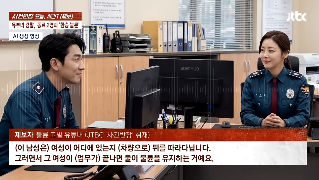 대구의 한 파출소에서 근무하는 여성 경찰관이 동료 경찰관 2명과 잇따라 불륜 행각을 벌인 사실이 적발된 가운데 이들의 관계를 정리한 '불륜 스캔들 인물 관계도' 이미지가 온라인상에 일파만파 퍼지고 있다. /사진=JTBC '사건반장' 보도화면