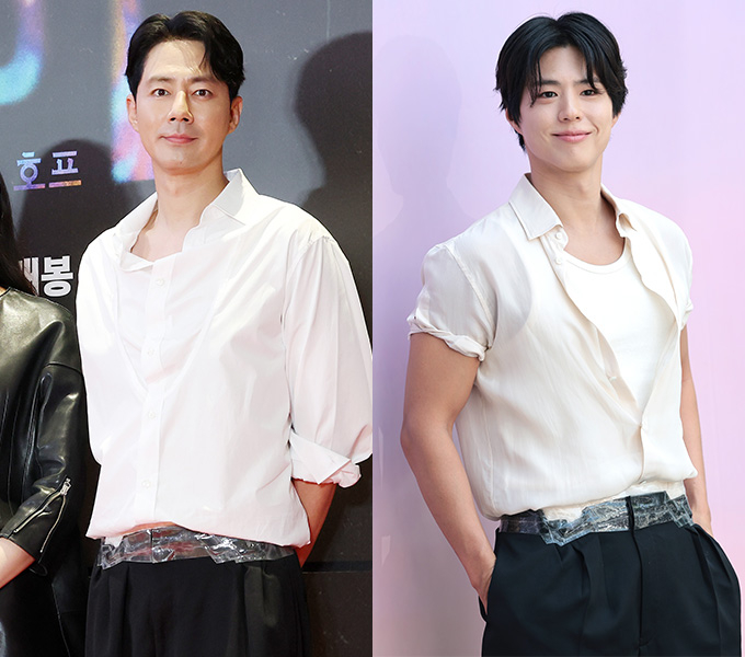 배우 조인성과 박보검이 허리에 테이프를 칭칭 감은 듯한 독특한 바지 패션을 서로 다른 매력으로 소화했다. /사진=김휘선 hwijpg@, 뉴스1