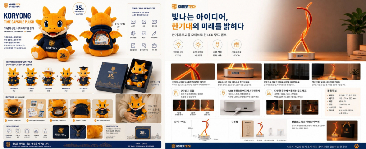 '한기대 AI 굿즈 디자인 공모전' 고등부 대상작(왼쪽 사진)과 대학부 대상작./사진제공=한기대