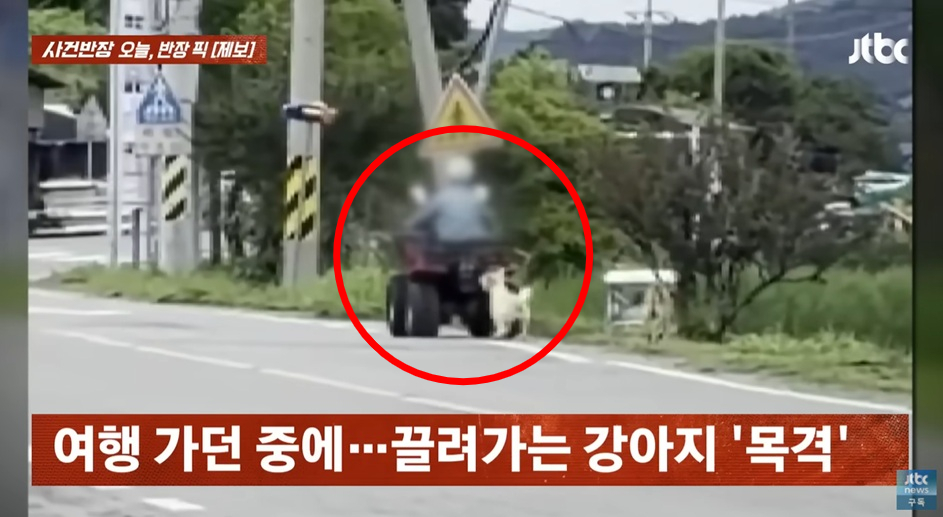 한 시골길에서 사륜차에 목줄이 묶인 채 끌려가는 강아지 영상이 공개돼 논란이다. /사진=JTBC '사건반장' 캡처