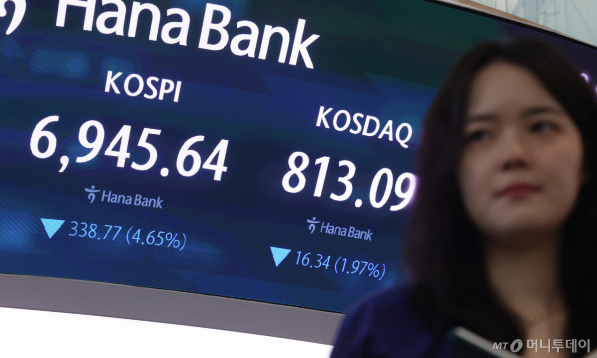코스피가 전 거래일보다 4.45% 하락한 6960.50원에 개장한 16일 오전 서울 중구 하나은행 딜링룸 전광판에 지수가 표시되고 있다. /사진=뉴시스