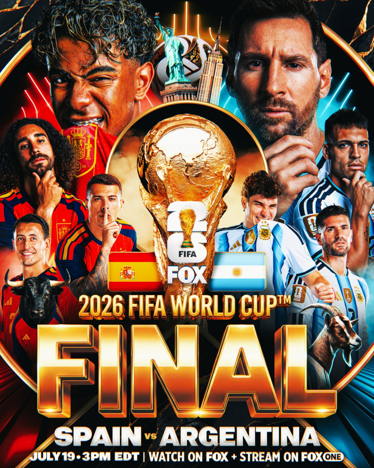 오는 20일 오전 4시 미국 뉴욕 뉴저지 스타디움에서 열리는 2026 국제축구연맹(FIFA) 북중미 월드컵 결승전에서 격돌하게 된 스페인과 아르헨티나. /사진=폭스스포츠 SNS 캡처