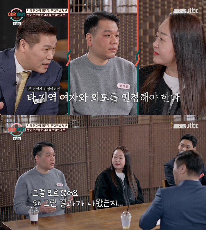 외도를 부인해온 '진실공방 부부' 남편의 심리생리검사 결과가 '거짓'으로 나왔다. /사진=JTBC '이혼숙려캠프' 방송 화면