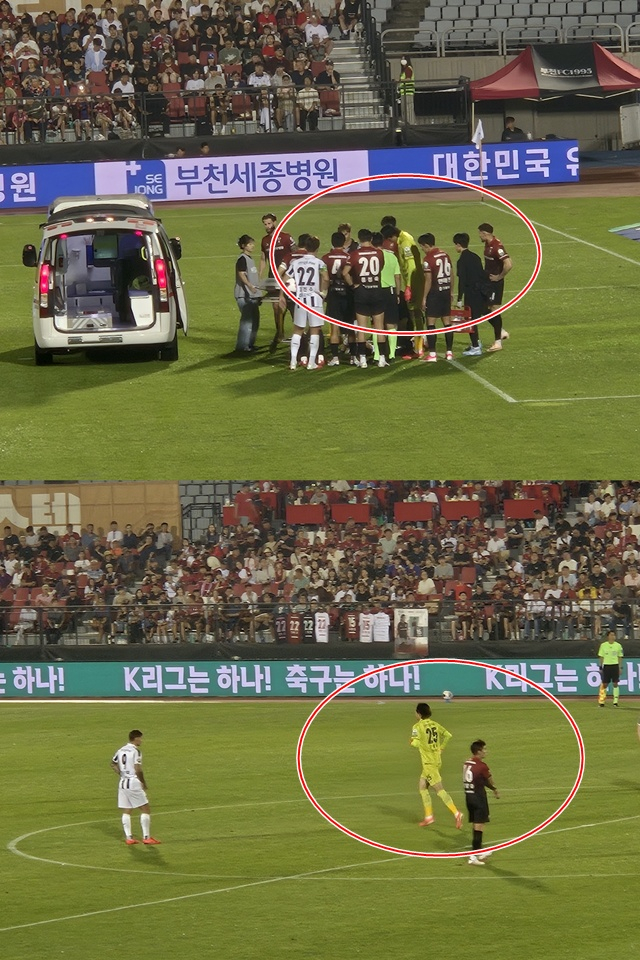김형근을 위해 그라운드를 가로 질러 달려간 FC서울 골키퍼 구성윤(빨간색 원). /사진=이원희 기자