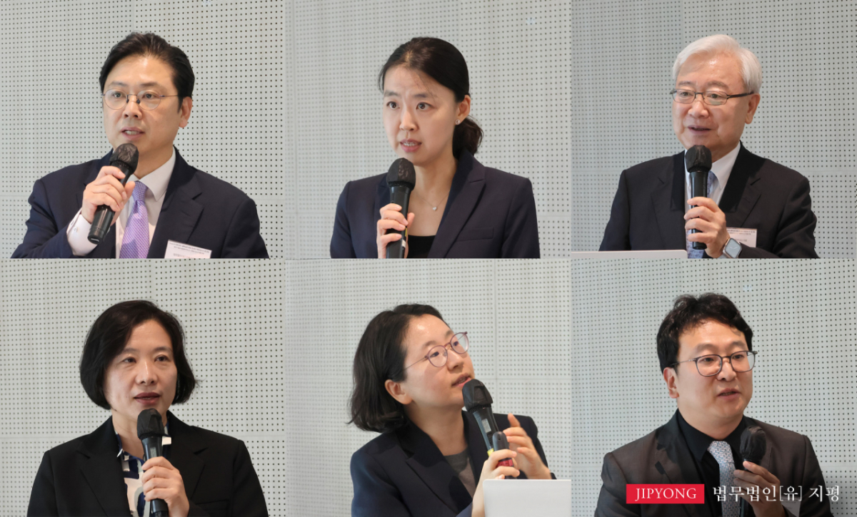왼쪽 상단부터 시계방향으로 이행규 지평 대표변호사, 서준희 지평 변호사, 김석동 지평인문사회연구소 대표, 손덕중 지평 변호사, 박효민 지평 변호사, 배지영 마투크 바시우니(Matouk Bassiouny) 변호사./사진제공=법무법인 지평