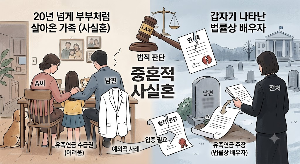 혼인신고를 하지 않았지만 20년 넘게 함께 살아온 남편이 숨진 뒤 '법률상 아내'가 나타나 유족연금을 주장한다면 어떻게 대응해야 할까. 기사 이해를 돕기 위해 AI(인공지능)가 생성한 이미지./사진=제미나이