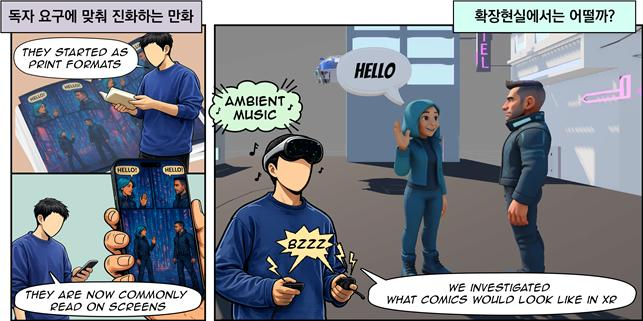 XR 환경에서 만화가 어떻게 진화할 수 있는지를 보여 주는 개념도. 만화 패널이 현실 공간에 배치되고, 배경음·햅틱·시선추적 등 새로운 상호작용이 결합된다. /사진=KAIST