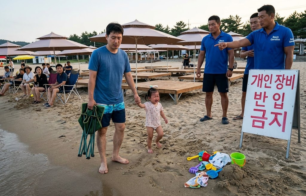 26개월 딸과 해수욕장에 놀러간 아빠가 캠핑의자를 폈다가 제지 당한 뒤 쫓겨났단 이야기가 전해졌다. 사진은 스레드 작성자가 주장하는 내용을 토대로 AI 이미지로 만든 것./사진=구글제미나이 AI 생성