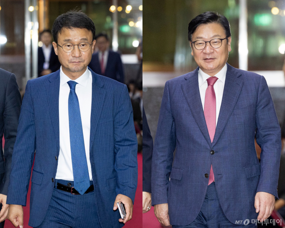 (서울=뉴스1) 유승관 기자 = 더불어민주당 한병도, 국민의힘 정점식 원내대표가 14일 서울 여의도 국회에서 의장주재 여야 원내대표 회동을 위해 각각 의장실로 향하고 있다. 2026.7.14/뉴스1 Copyright © 뉴스1. All rights reserved. 무단 전재 및 재배포, AI학습 이용 금지. /사진=(서울=뉴스1) 유승관 기자