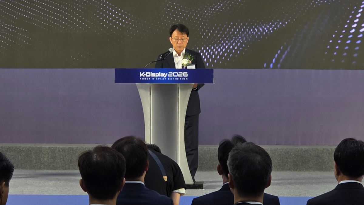 이청 삼성디스플레이 사장 겸 한국디스플레이산업협회장이 22일 서울 강남구 코엑스에서 열린 'K-디스플레이 2026'에서 개회사를 하고 있다./사진=최지은 기자