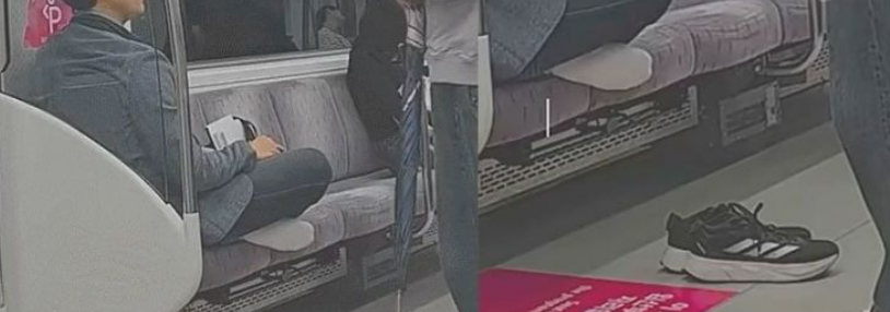 지난달 22일 유튜브 영상엔 한 남성이 신발을 벗고 임산부석에서 다릴 쭉 뻗는 모습이 담겼다/사진=유튜브 '킹받쥬'