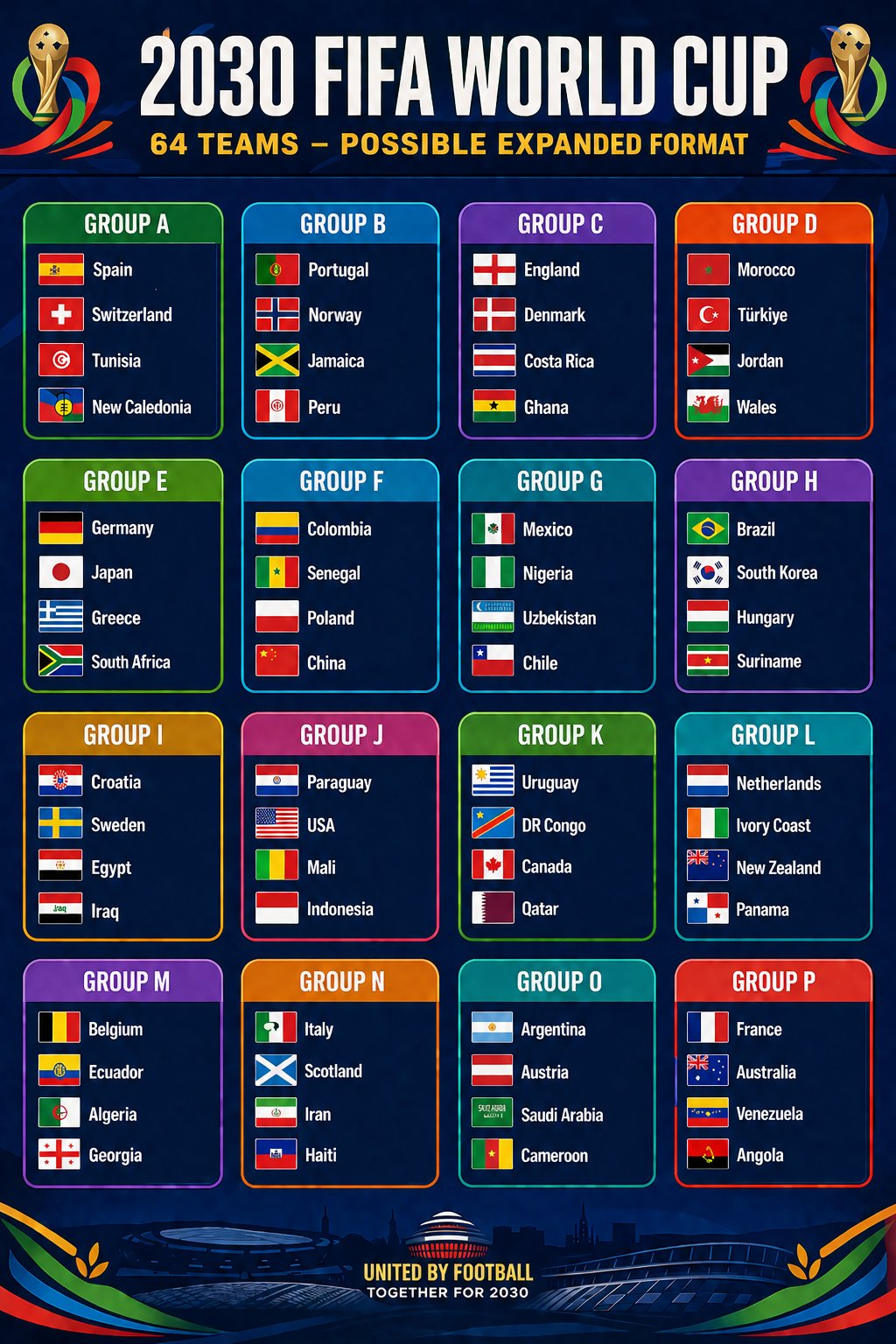 4년 뒤 2030 FIFA 월드컵이 64개국 체제로 확대될 경우 시뮬레이션을 통한 가상 조 편성 결과. /사진=FWC30 SNS 캡처