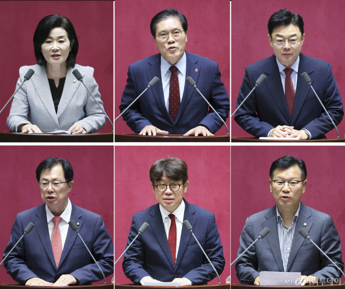[서울=뉴시스] 김근수 기자 = 제22대 후반기 국회 18개 상임위원장들이 서울 여의도 국회에서 열린 제437회 국회(임시회) 2차 본회의 당선 인사를 하고 있다.   윗줄 왼쪽부터 김희정 교육위원장, 송석준 외교통일위원장, 김성원 산업통상자원중소벤처기업위원장, 아랫줄 왼쪽부터 이만희 보건복지위원장, 유의동 국토교통위원장, 이양수 정보위원장. 2026.07.23. ks@newsis.com /사진=김근수
