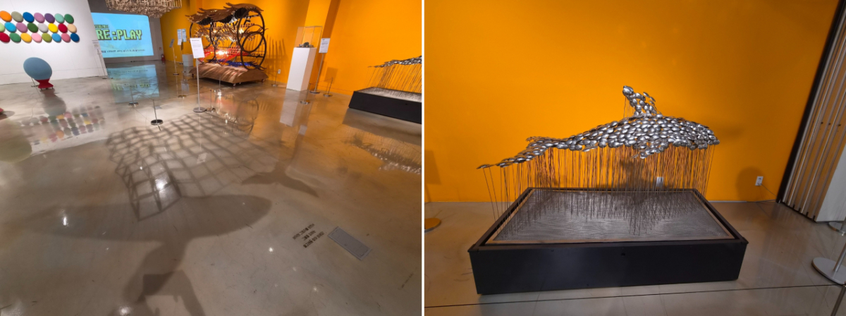 지난 23일 경기 광명시 광명업사이클아트센터에서 열린 '업사이클 인터랙티브' 전시. 유영하는 고래와 물결 모양 구조물의 움직임을 바닥에 드리운 그림자와 함께 감상하도록 만든 작품이다. 최문섭 작가가 폐목재, 알루미늄 등으로 만들었다(왼쪽). 이송준 작가가 폐업한 식당과 주방용품점 등에서 수거한 스테인리스 숟가락으로 제작한 상어 형상의 작품으로, 관람객이 다가가면 센서가 작동해 움직인다. /사진=권다희 기자