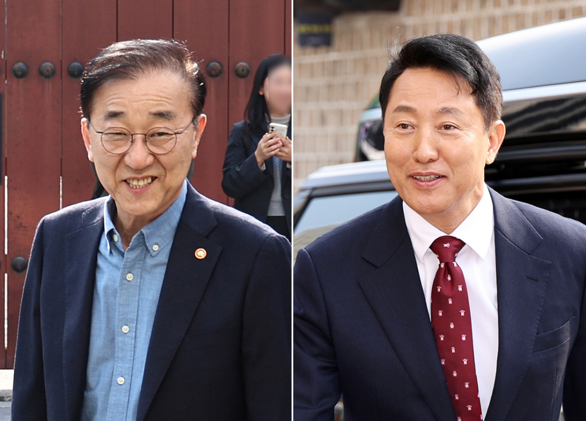 김윤덕 국토교통부 장관(왼쪽)과 오세훈 서울시장이 13일 면담하기 위해 서울 중구의 한 한식당으로 들어서고 있다./사진=뉴스1