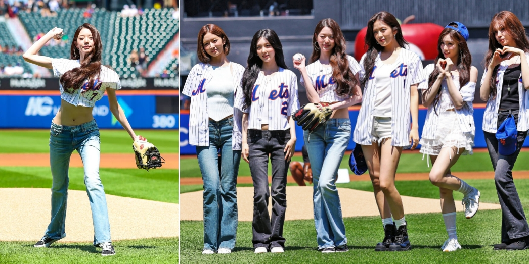 그룹 아이브 장원영이 26일(현지 시간) 2026 메이저리그 뉴욕 메츠와 LA다저스의 경기 시구자로 마운드에 올랐다. 오른쪽은 아이브 멤버들. /사진=뉴욕 메츠 인스타그램
