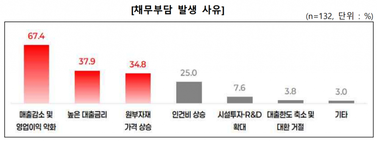 중소기업중앙회가 발표한 '중소기업·소상공인 금융비용 부담 실태조사'에서 채무부담 발생 사유에 대한 응답. /자료=중소기업중앙회