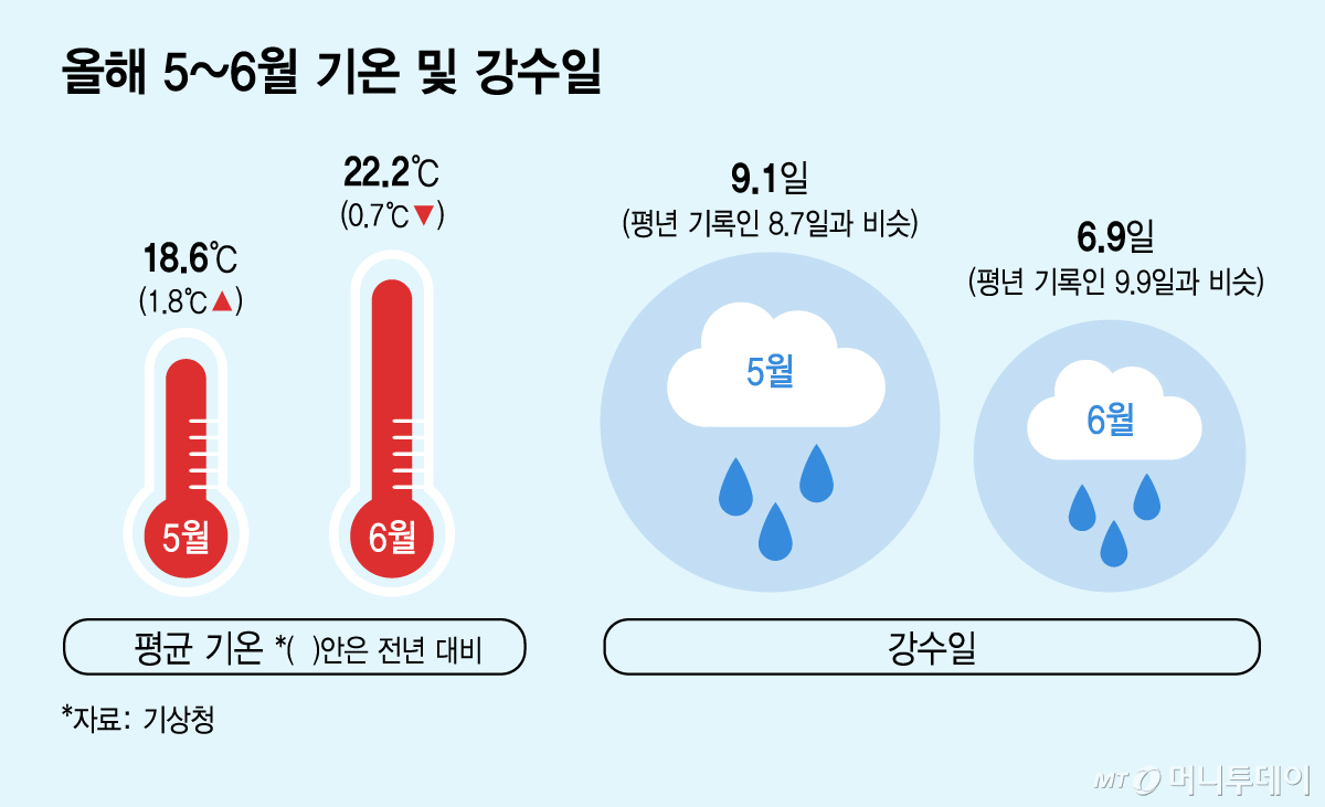 올해 5~6월 기온 및 강수일/그래픽=김지영