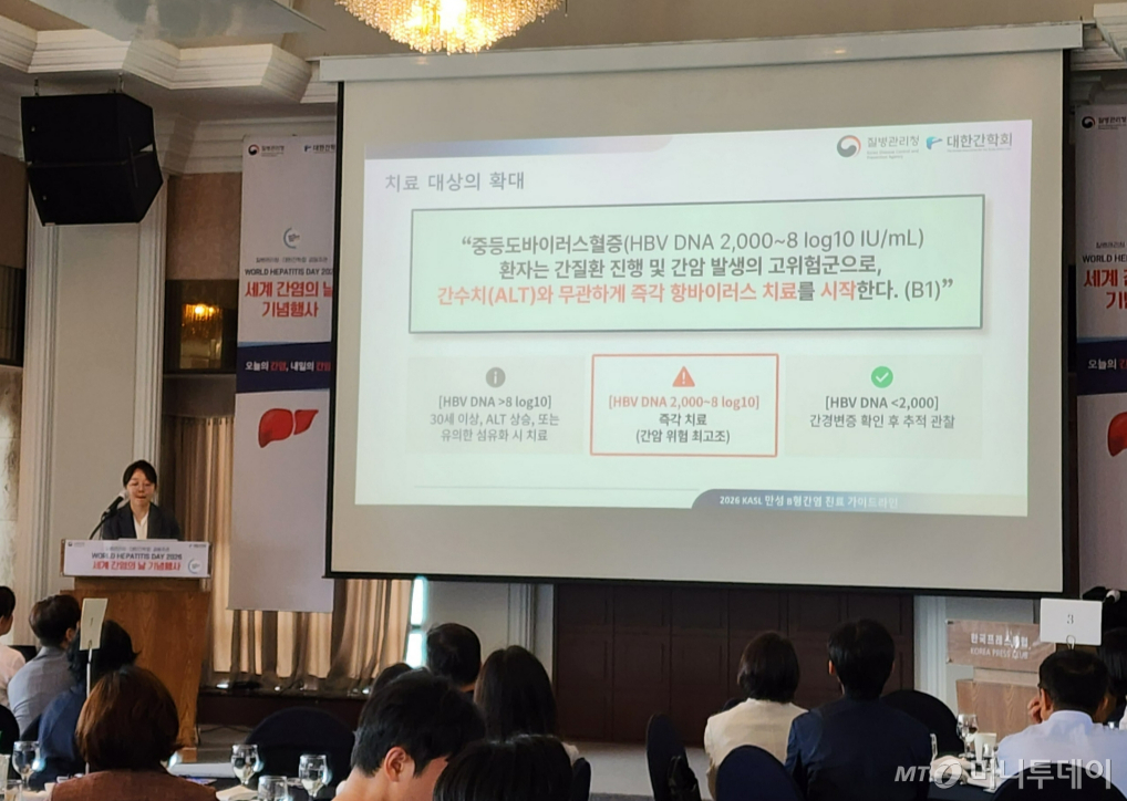  이날 이혜원 세브란스병원 소화기내과 교수는 올해 바뀐 진료지침에 따라 '중등도 바이러스 혈증 환자는 간수치(ALT)와 무관하게 즉각 항바이러스 치료를 시작한다'고 설명했다. /사진=정심교 기자