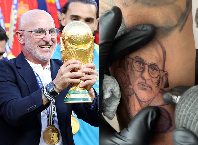 스페인 축구 국가대표 마르크 쿠쿠레야(28·레알 마드리드)가 2026 국제축구연맹(FIFA) 북중미 월드컵 우승시 루이스 데 라 푸엔테 대표팀 감독 얼굴 문신을 새기겠다는 공약을 지켰다. /사진=AFPBBNews=뉴스1, 마르크 쿠쿠레야 인스타그램