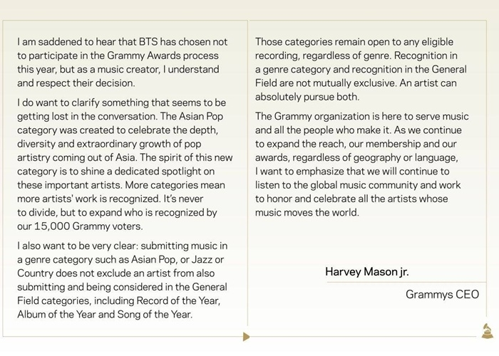 그룹 방탄소년단(BTS)이 사실상 '2027 그래미 어워즈' 시상식 보이콧을 선언한 가운데 그래미 측이 입장을 밝혔다./사진=하비 메이슨 주니어 SNS