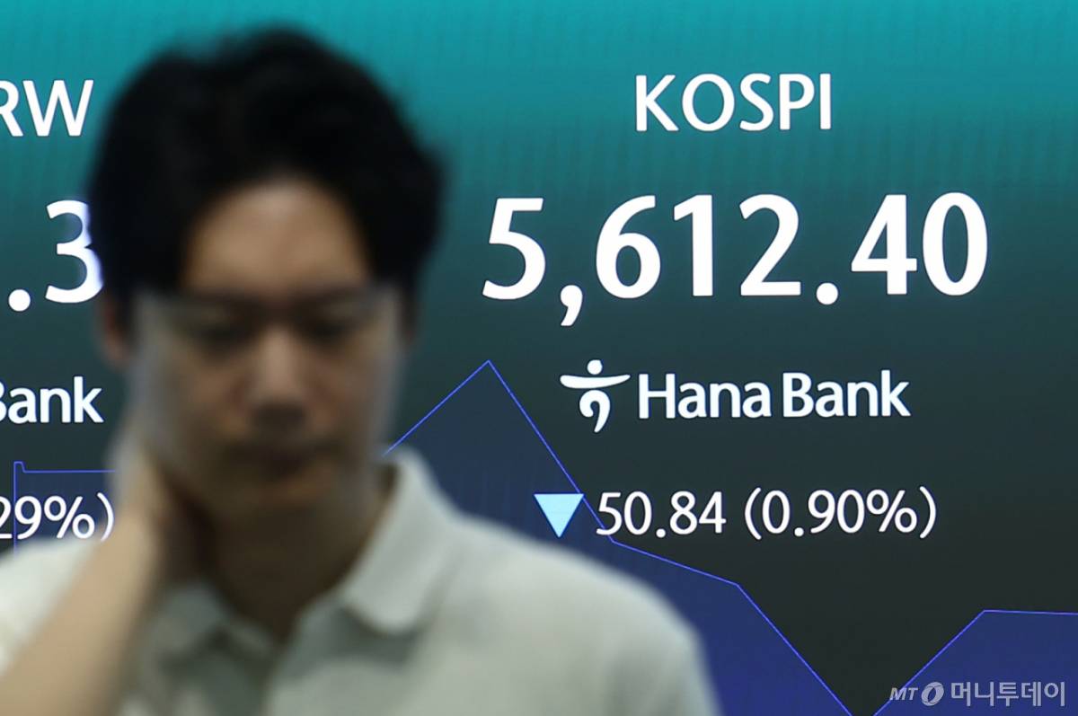 (서울=뉴스1) 김민지 기자 = 코스피가 5600선에서 소폭 상승 출발했다가 곧바로 하락 전환한 30일 오전 서울 중구 하나은행 본점 딜링룸에 개장 시황이 나오고 있다. 이날 코스피는 전 거래일 대비 18.53포인트(0.33%) 오른 5681.77에, 코스닥은 7.96포인트(1.20%) 내린 654.72에 개장했다. 2026.7.30/뉴스1 Copyright © 뉴스1. All rights reserved. 무단 전재 및 재배포, AI학습 이용 금지. /사진=(서울=뉴스1) 김민지 기자
