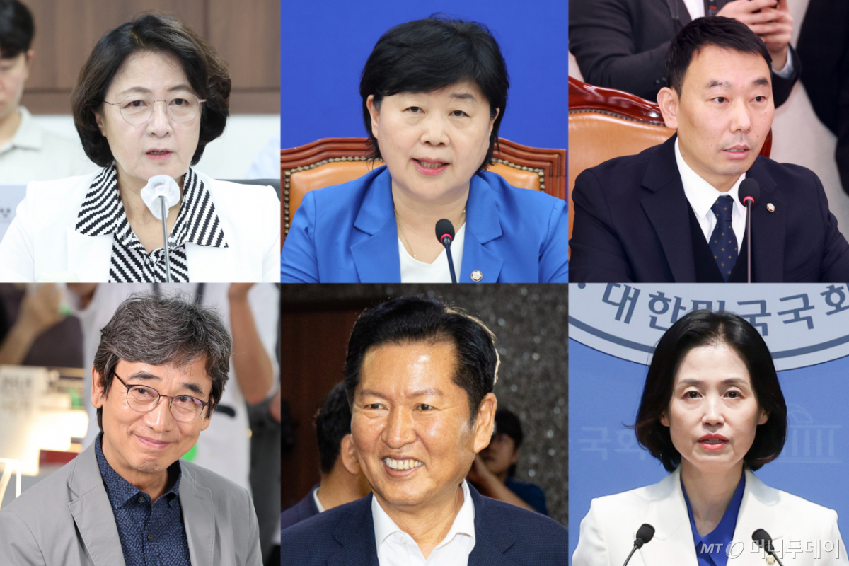 왼쪽 위부터 추미애 경기지사, 서영교 국회 법제사법위원회 위원장, 김용민 더불어민주당 의원, 박은정 조국혁신당 의원, 정청래 민주당 대표 후보, 유시민 작가 /사진=뉴스1, 뉴시스