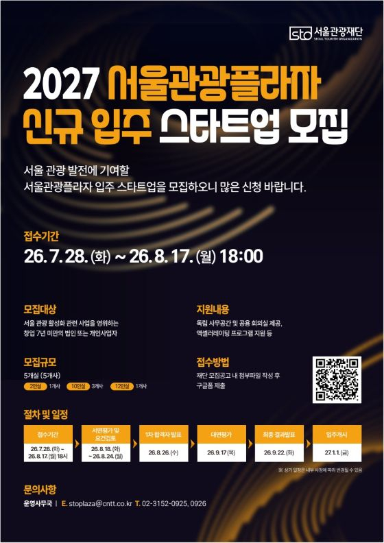 2027 서울관광플라자 신규 입주 스타트업 모집 포스터/사진=씨엔티테크