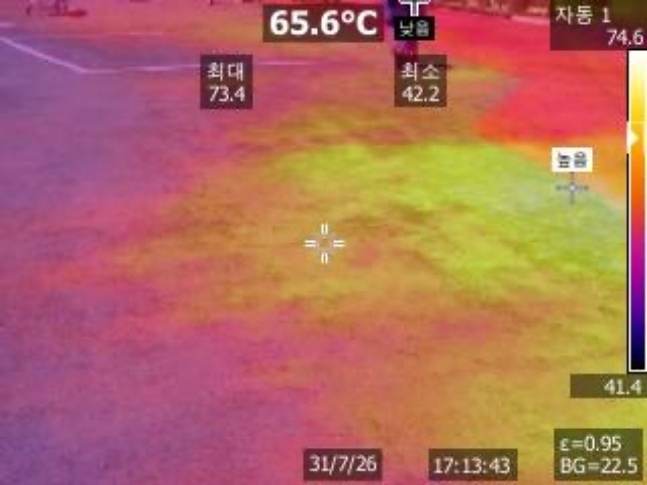 지난 1일 부산 사직야구장 인조잔디 지열이 최고 73.4도, 평균 65.6도까지 올라갔다. 결국 KBO는 삼성-롯데전을 폭염 취소했다. /사진=롯데 자이언츠 제공