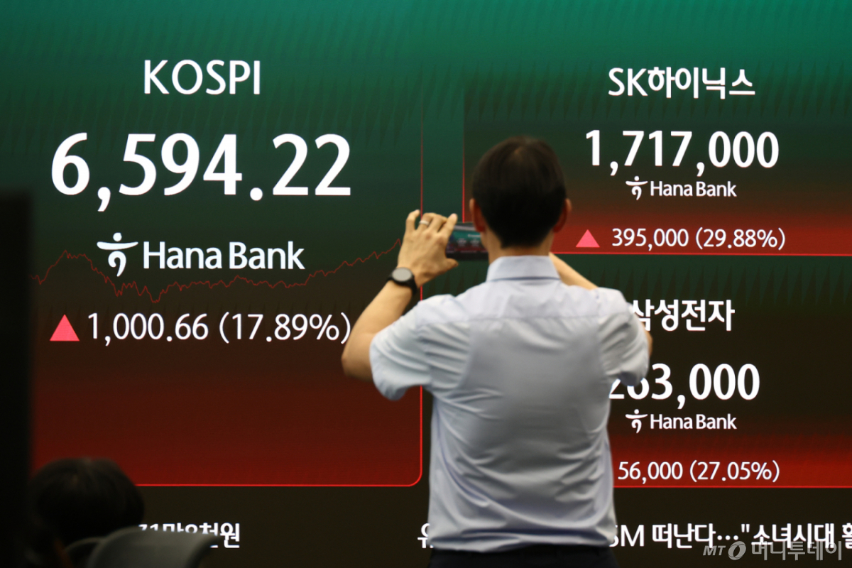 [서울=뉴시스] 고승민 기자 = 31일 서울 하나은행 딜링룸에서 딜러가 18% 가까이 상승한 코스피를 보며 스마트폰으로 촬영하고 있다. 2026.07.31. kkssmm99@newsis.com /사진=고승민