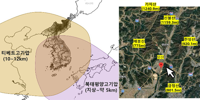 기상청은 이번 양산시의 폭염 원인이 뜨거운 공기를 가둔 고기압과 강한 햇볕, 건조한 지면과 분지 지형 등 최악의 4박자가 맞아떨어졌기 때문이라고 분석했다. /사진=유튜브 채널 '대한민국 기상청' 영상