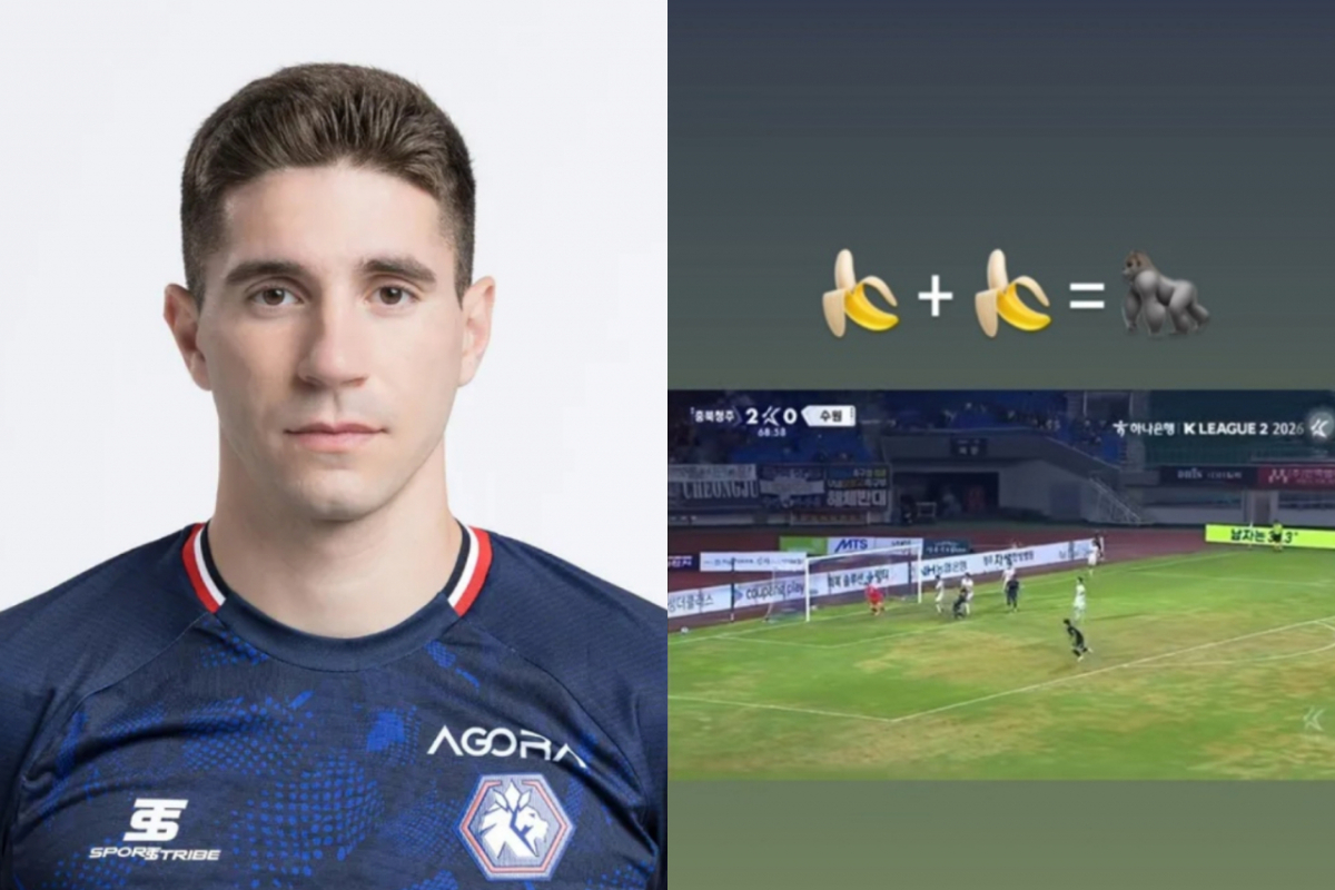 K리그2 충북청주 FC 소속 외국인 선수 라파엘 반데이라가 자신의 SNS(소셜미디어)에 인종차별로 해석될 수 있는 이모티콘이 담긴 게시물을 공유했다가 논란이 일자 해명에 나섰다. 사진은 왼쪽부터 K리그2 충북청주 소속 외국인 선수 반데이라, 반데이라가 인스타그램에 리그램한 인종차별 의혹 이모티콘. /사진=충북청주 홈페이지, 반데이라 인스타그램 캡처
