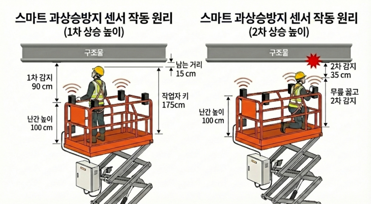 고소작업대 스마트 과상승 방지 센서 작동 개념도/사진제공=롯데건설