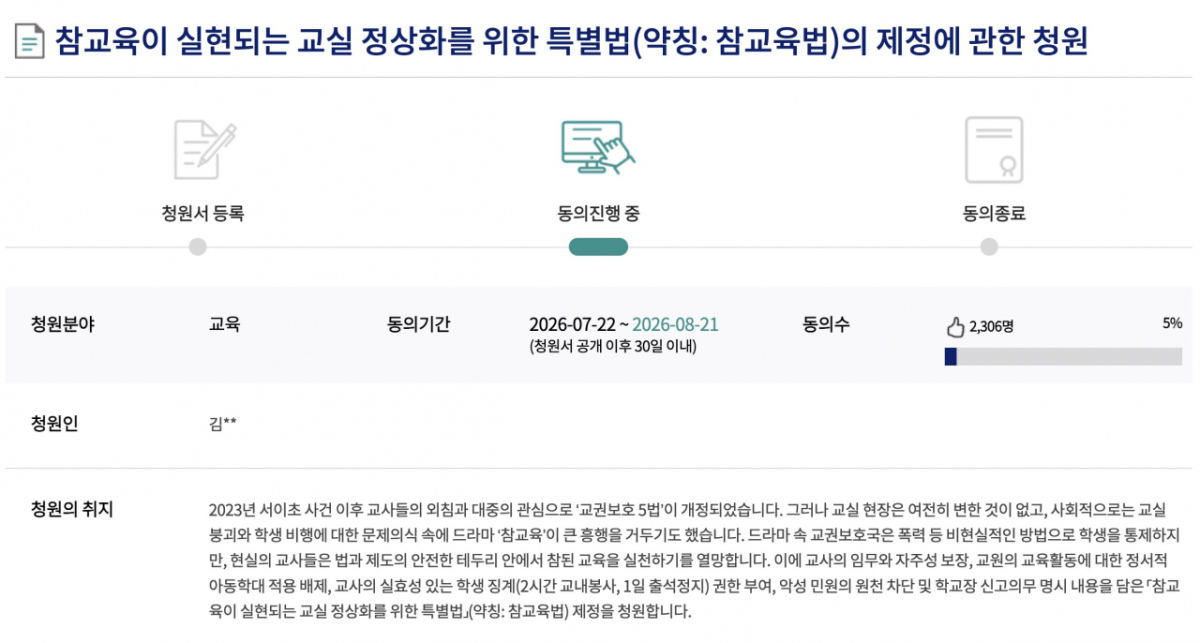 최근 국회 국민동의청원 게시판에는 '참교육이 실현되는 교실 정상화를 위한 특별법'(약칭 참교육법) 제정을 요구하는 청원이 공개됐다. 청원인은 교사의 학생 생활지도 권한을 대폭 강화와 반복되는 수업 방해와 악성 민원, 아동학대 신고 우려로 교사의 교육활동이 위축되는 점을 개선해야 한다고 주장했다. /사진=국민동이 청원 홈페이지 갈무리