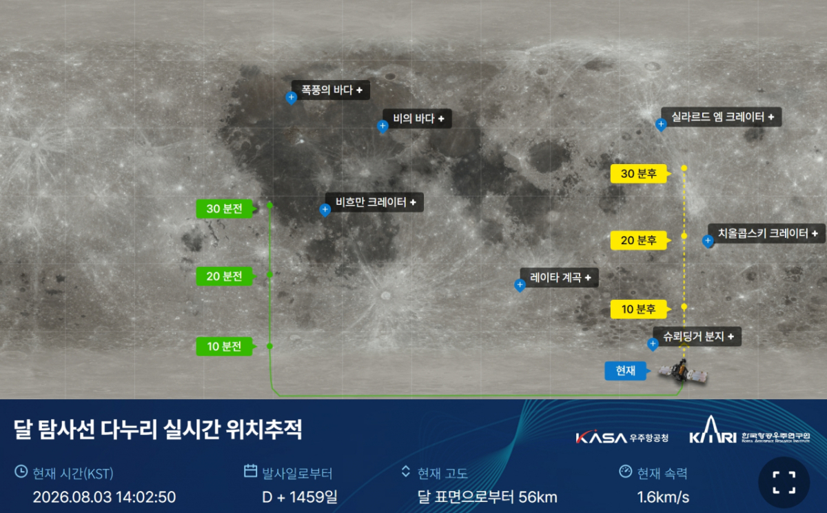 항우연은 다누리의 위치, 속력 등을 확인할 수 있는 '달 탐사선 다누리 실시간 위치추적' 서비스를 제공하고 있다. /사진=항우연 다누리 위치추적 서비스