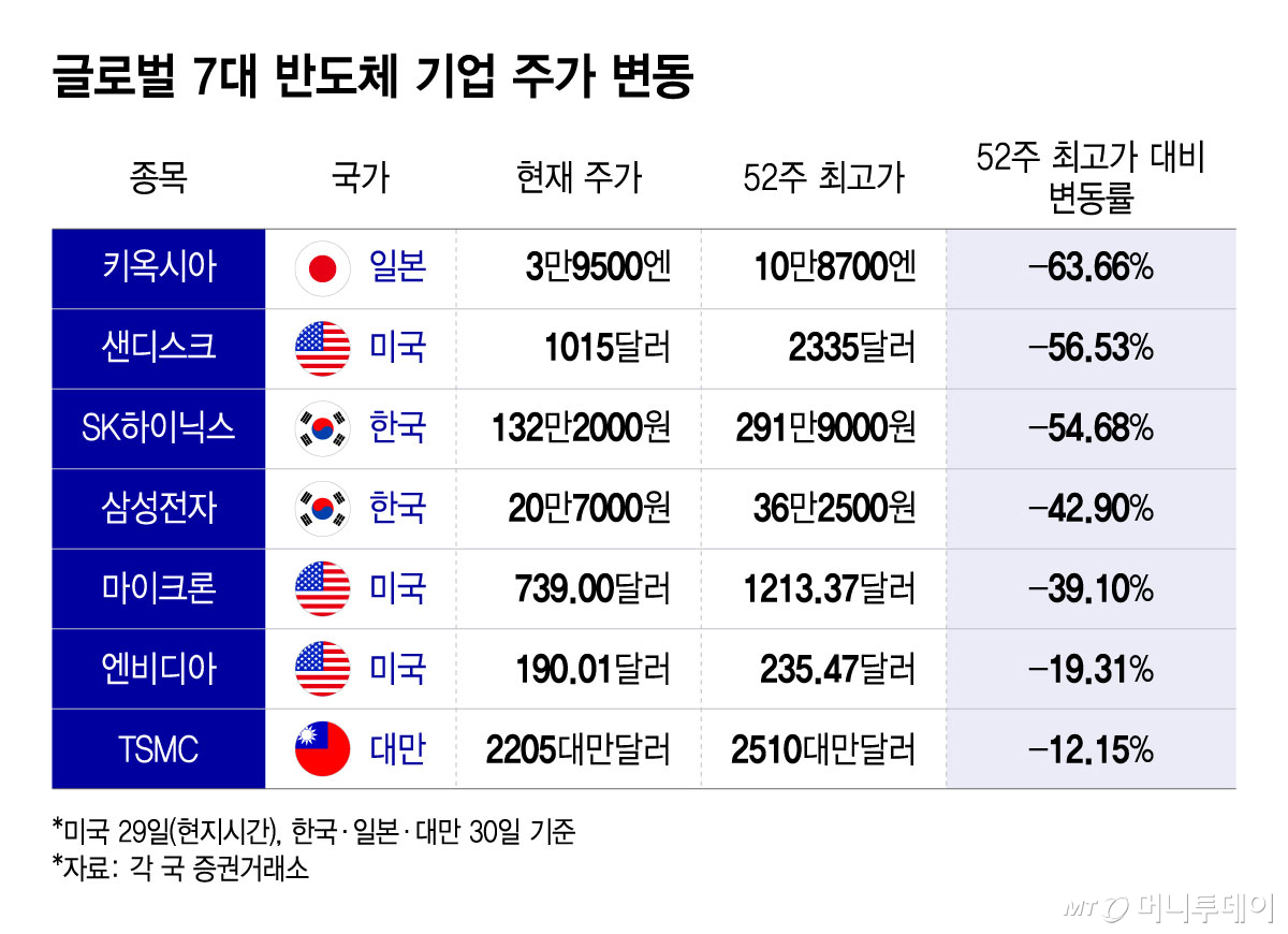 글로벌 7대 반도체 기업 주가 변동(7월30일 기준)/그래픽=윤선정
