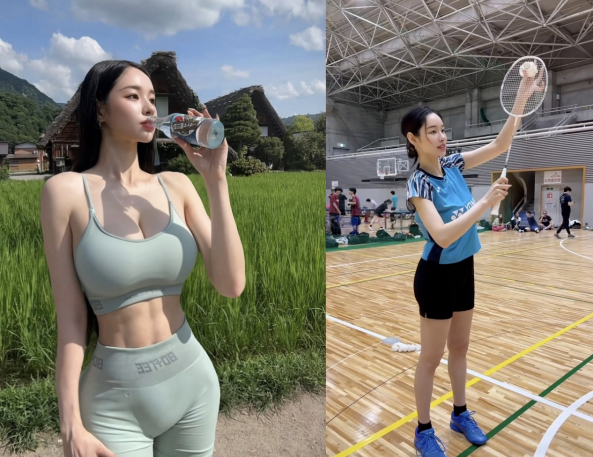 키 176㎝의 늘씬한 체격과 9등신에 가까운 비율, 모델 못지않은 외모가 화제가 된 일본 전 배드민턴 국가대표 선수가 일부 누리꾼들의 "AI가 만든 가상 인물 아니냐"는 의혹에 직접 실제 인물이라고 해명했다. /사진=아라키 아카네 SNS 갈무리