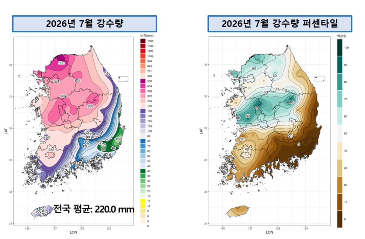 2026년 7월 전국 강수량 및 퍼센타일. /사진제공=기상청
