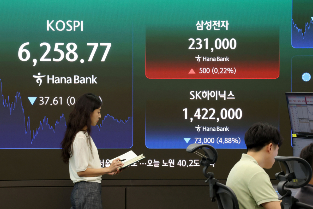 코스피가 소폭 하락하며 6250대로 마감한 7일 오후 서울 중구 하나은행 딜링룸 현황판에 삼성전자와 SK하이닉스 주가가 표시되고 있다. /사진=뉴스1