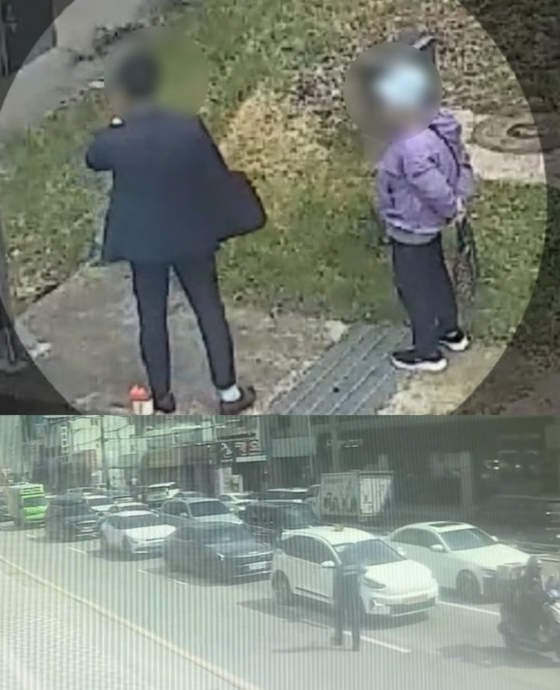 사진 왼쪽이 보이스피싱 수거책 남성, 왼쪽이 피해자인 할머니(위). 경찰이 수거책이 탑승한 택시를 멈춰 세우는 모습(아래) /사진=충남경찰청