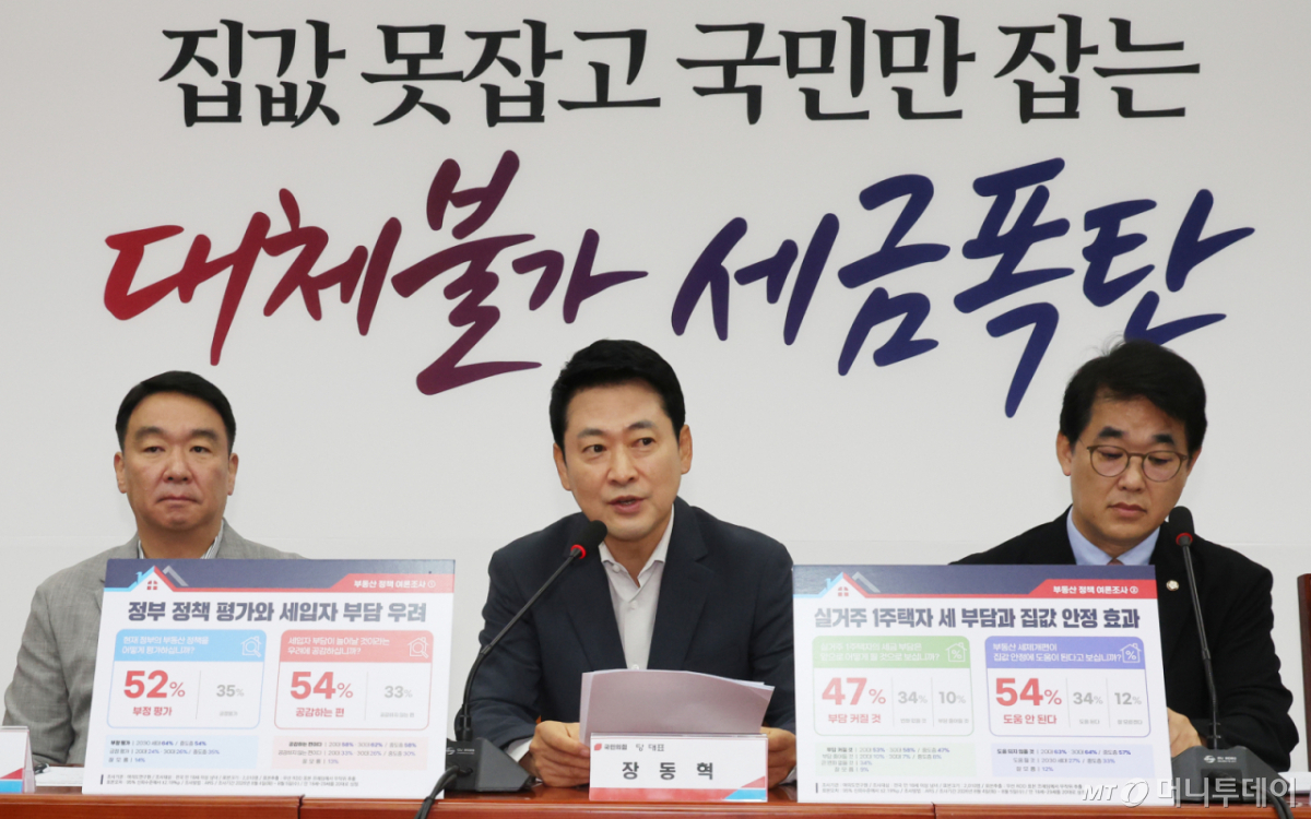 (서울=뉴스1) 황기선 기자 = 장동혁 국민의힘 대표가 7일 오전 서울 여의도 국회에서 열린 부동산 정책 정상화 특별위원회 전체회의에서 모두발언을 하고 있다. 2026.8.7/뉴스1 Copyright © 뉴스1. All rights reserved. 무단 전재 및 재배포, AI학습 이용 금지. /사진=(서울=뉴스1) 황기선 기자