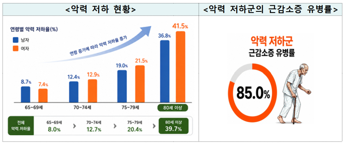 악력 저하 현황과 악력 저하군의 근감소증 유병률. /사진제공=질병관리청