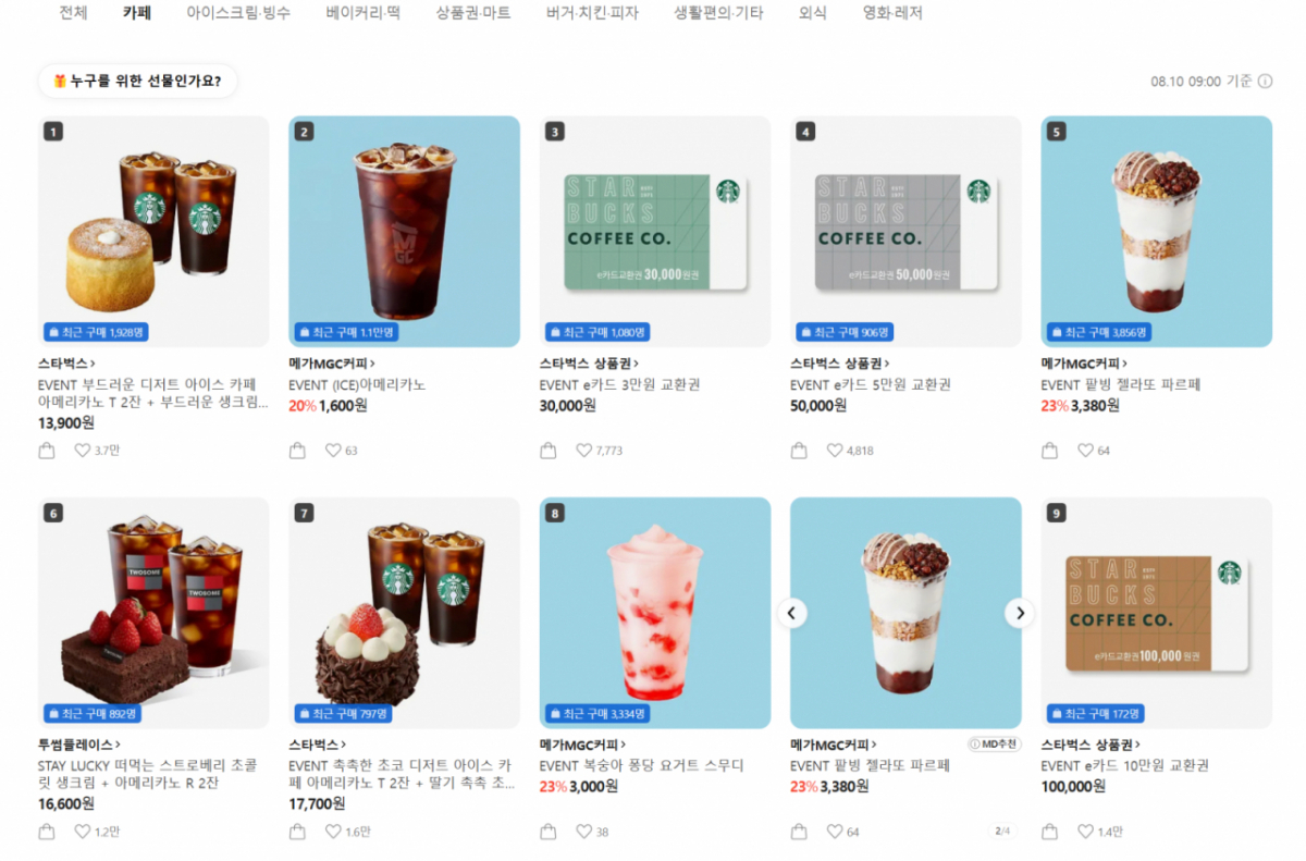 10일 오전 9시40분 현재 카카오톡 선물하기 '교환권' '카페' 부문 순위/캡쳐=카카오 선물하기