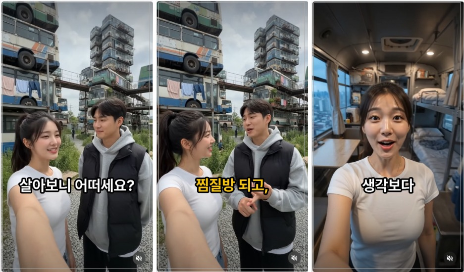 황희 더불어민주당 의원이 제안한 '버스 하우스'(폐버스 개조 청년주택)를 둘러싼 조롱성 밈(meme)이 확산하는 가운데, 생성형 인공지능(AI)으로 만든 가상 입주민 인터뷰 영상까지 등장했다. /사진=SNS 갈무리