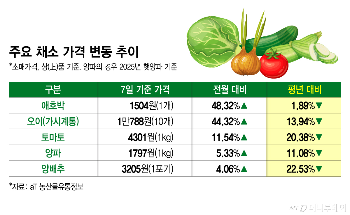 주요 채소 가격 변동 추이/그래픽=김지영