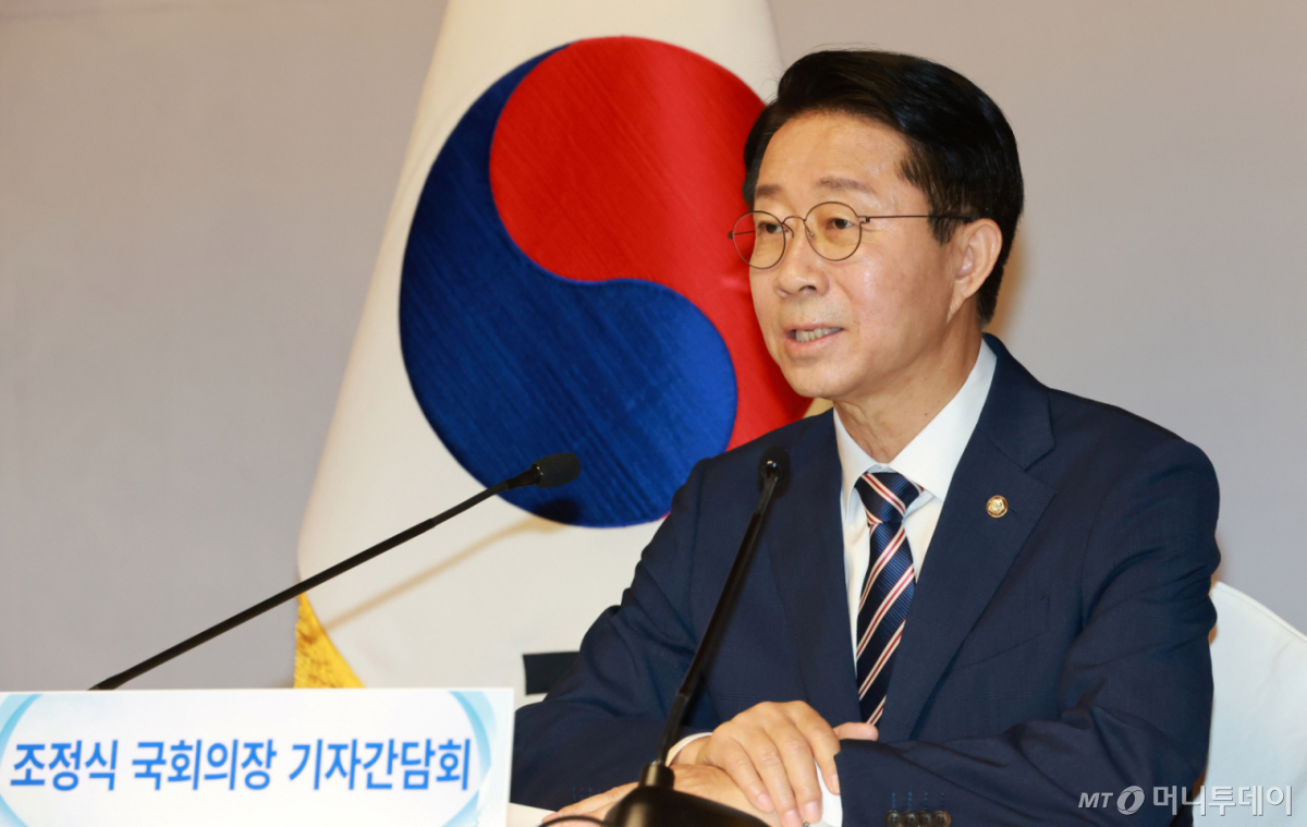 조정식 국회의장이 지난달 28일 서울 여의도 국회 사랑재에서 열린 취임 첫 기자간담회에서 인사말을 하고 있다./사진=뉴스1