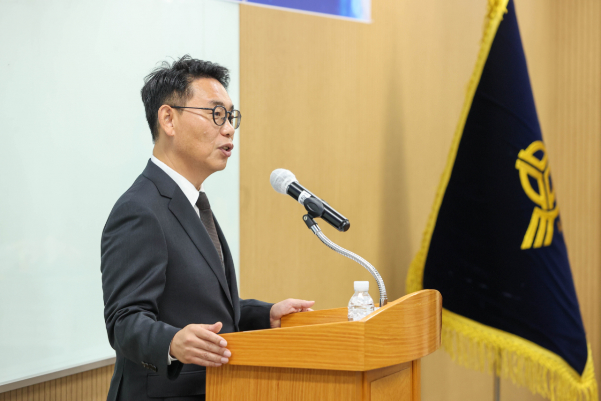 8월11일 취임식에서 이종성 KCU NPL 대부 신임 대표이사가 취임사를 하고 있다./사진제공=신협중앙회