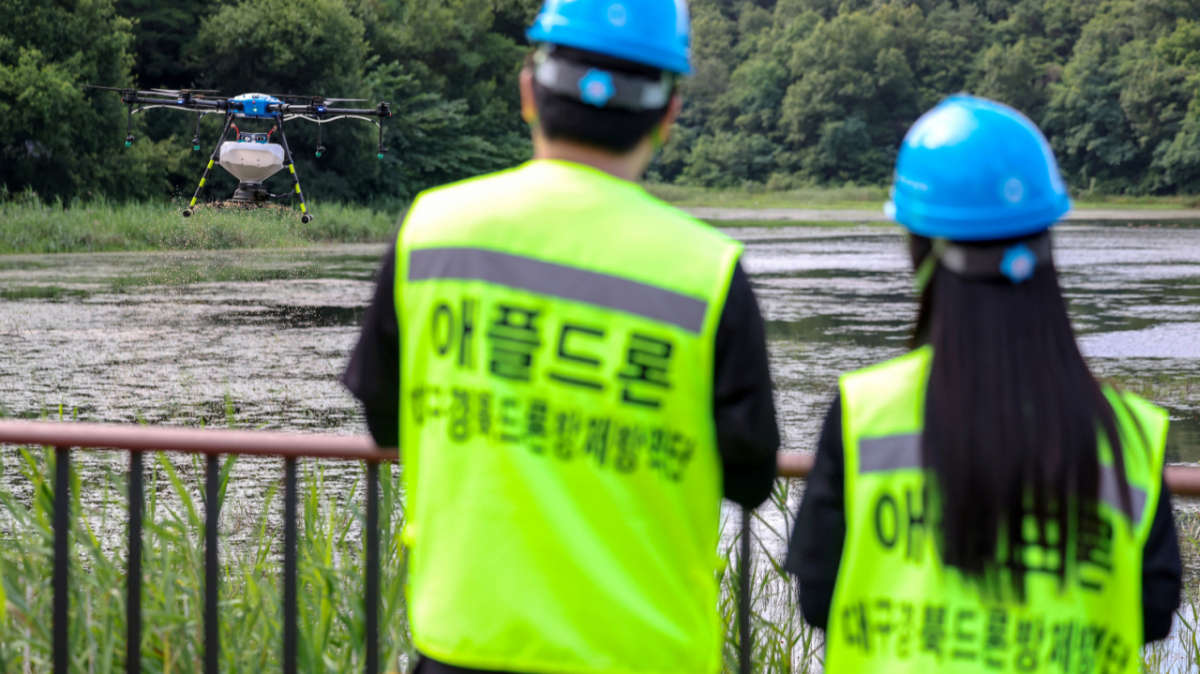 대구 서리지수변생태공원에서 대구경북드론방재방역단 관계자들이 여름철 모기 개체 수를 감소시키기 위해 드론을 활용해 방역 활동 중인 모습. 기사와 직접적 관련 없음. /사진=뉴시스