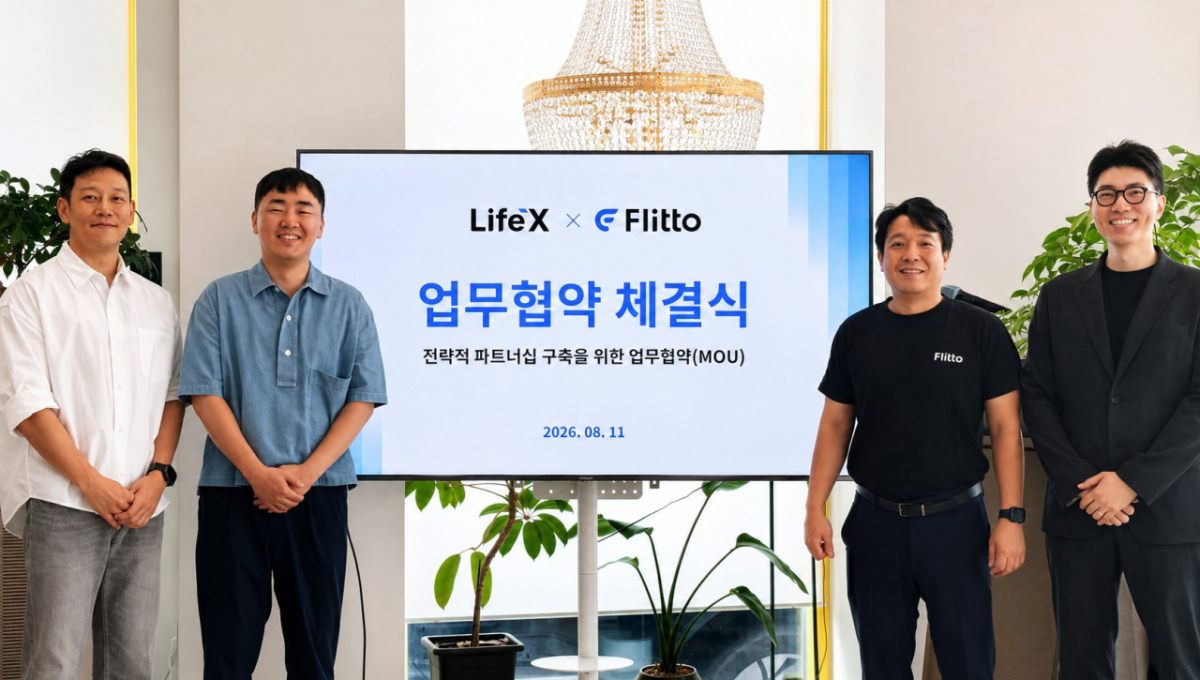 (왼쪽부터)라이프엑스의 장재환 CTO(최고기술책임자)와 장민후 대표, 플리토의 이정수 대표와 천태유 AI 데이터 비즈그룹 리드 /사진=라이프엑스 제공
